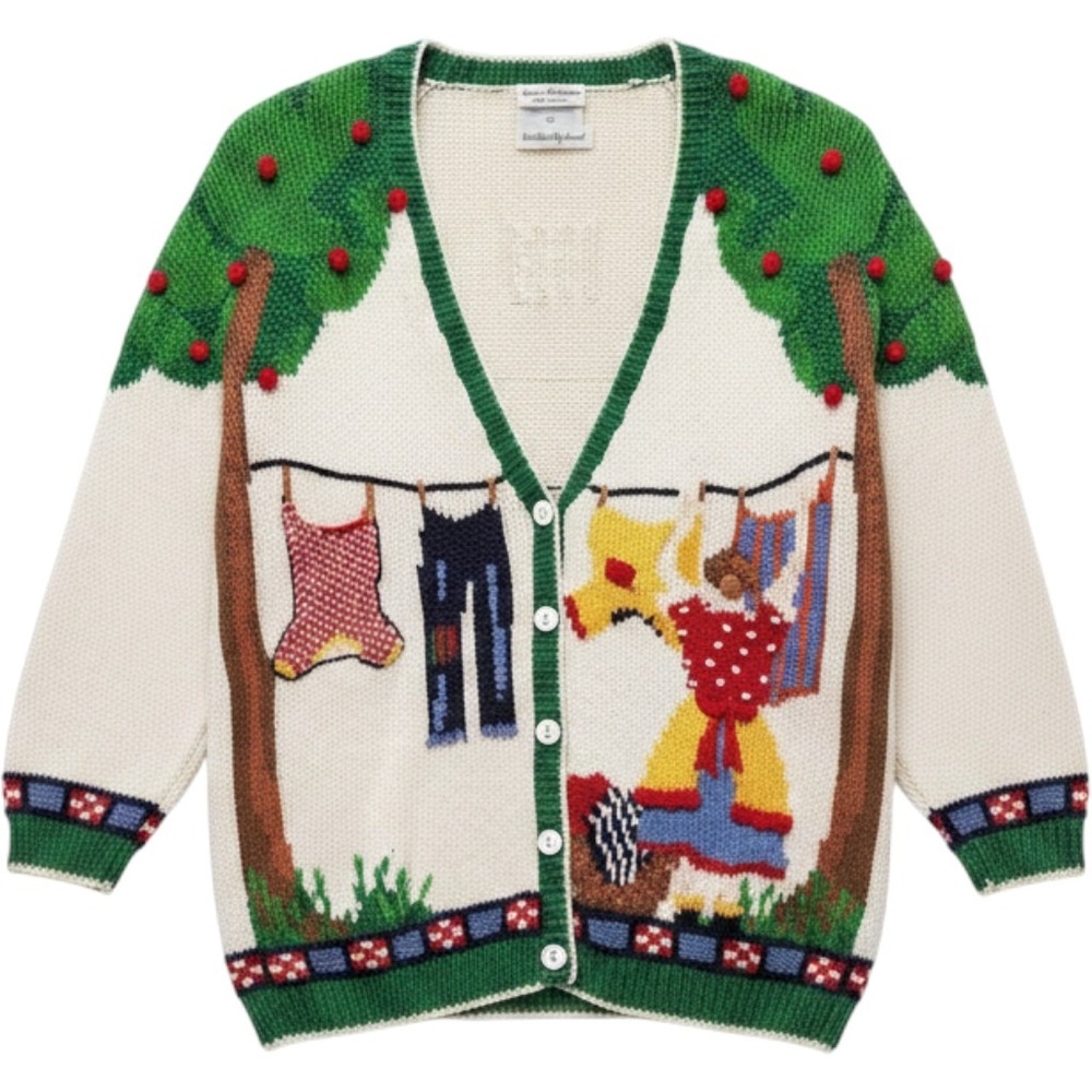 Maira Christina Hand Knitted Novelty Cardigan Laundry Day Apple Tree Women‎ M